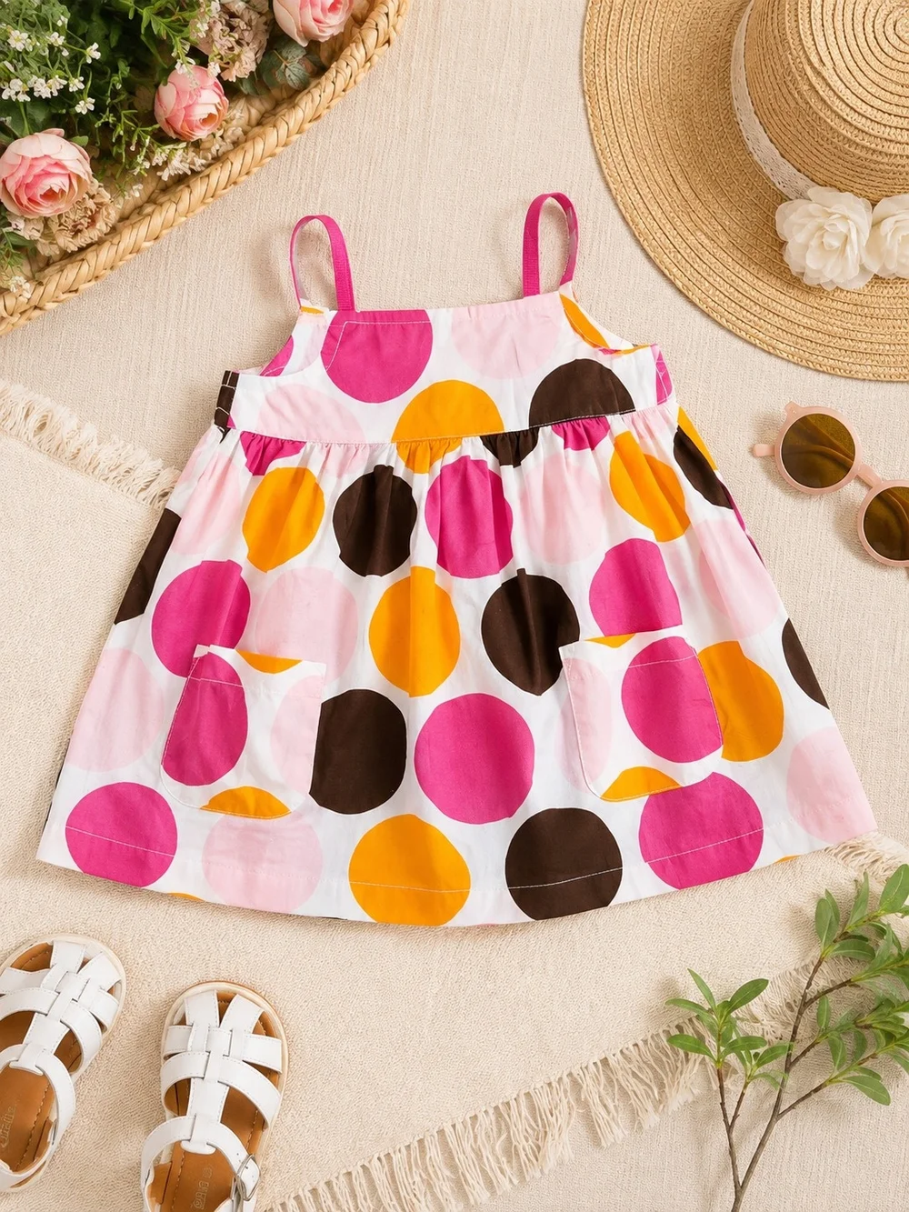 Girls' Pink & Multi Polka Dot Summer Dress